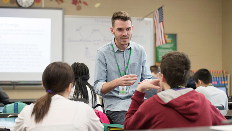 A Missouri State education student doing his student teaching practicum at a local high school classroom.