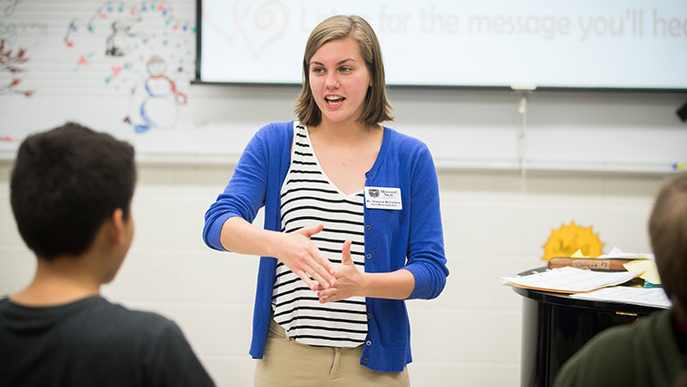 A music education teacher from Missouri State doing her student teaching practicum at Greenwood.